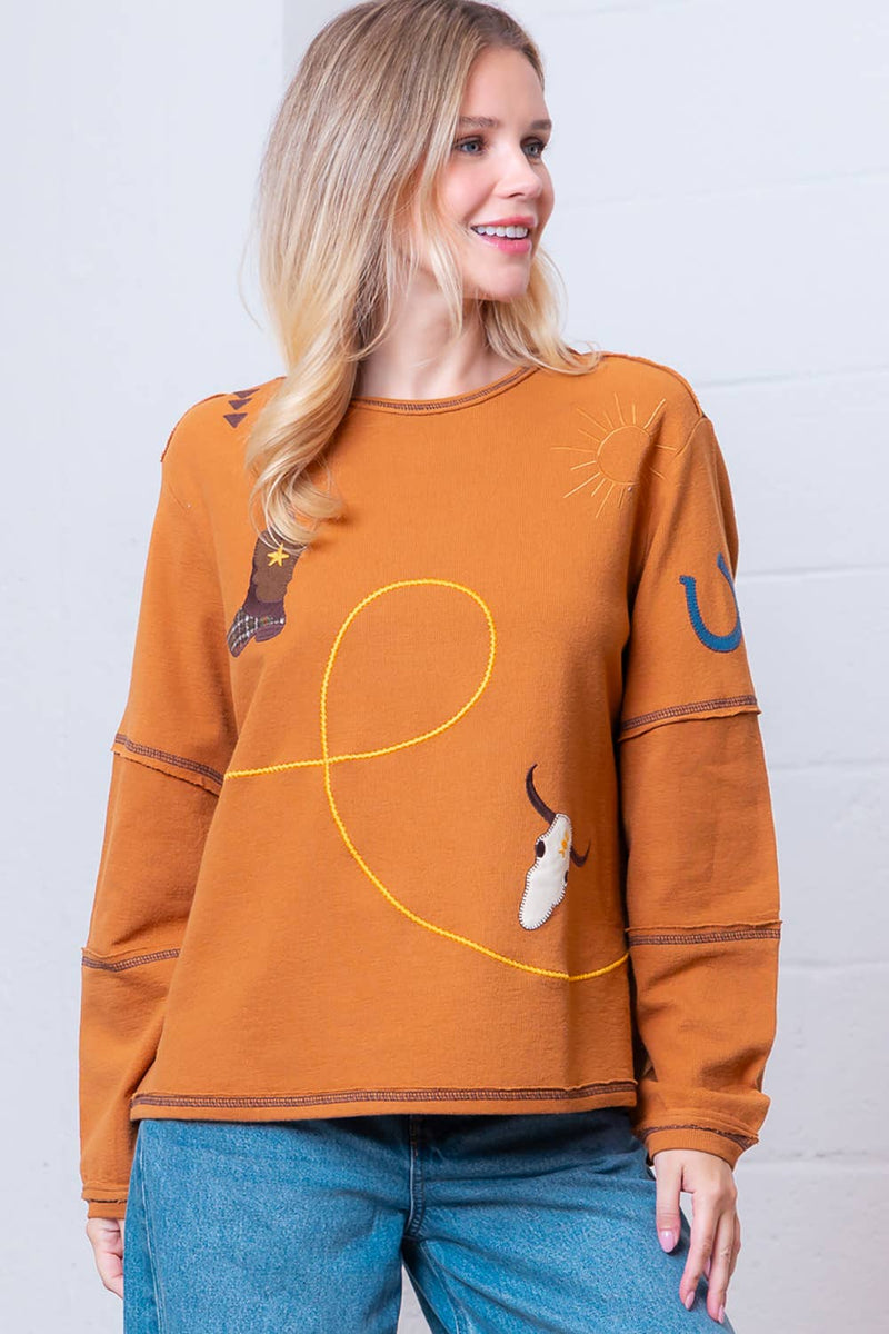 BOAT NECK WESTERN EMBO TOP: Camel