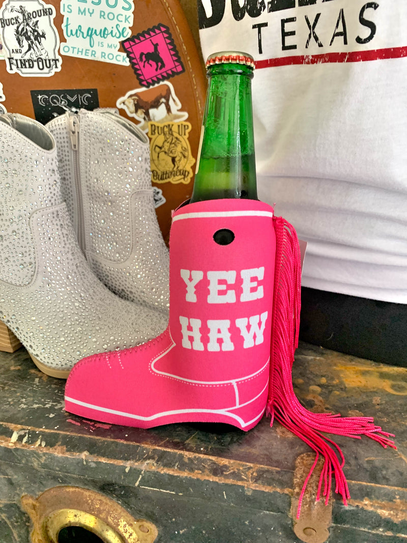 Yee Haw pink cowboy boot with fringe can cooler