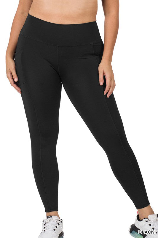 Black Plus Athletic Wide Waistband Full Length Leggings with Pockets
