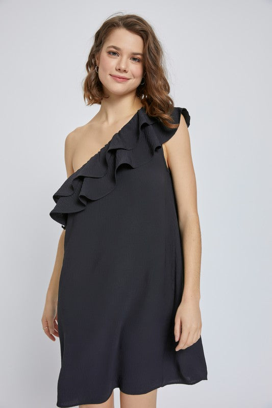 One shoulder double ruffle black dress