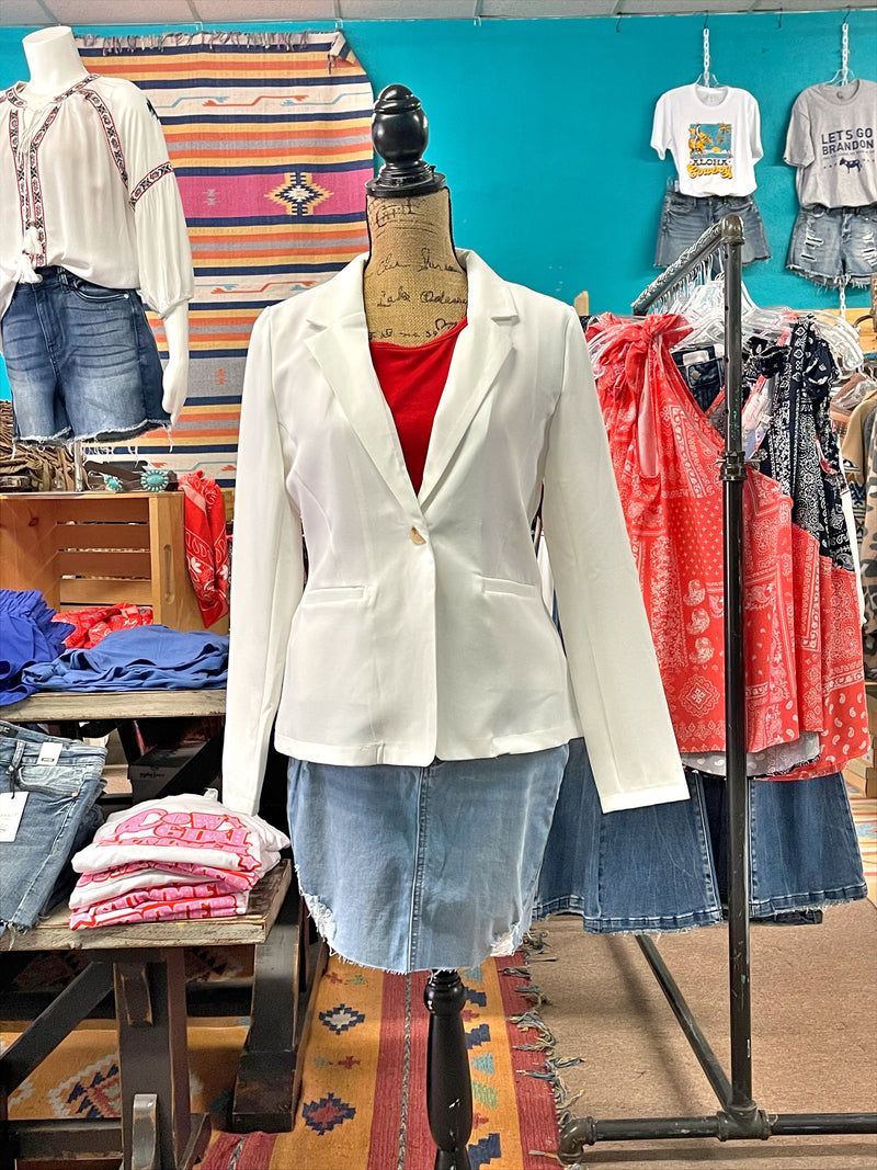 White Long Sleeve Blazer With Button Front