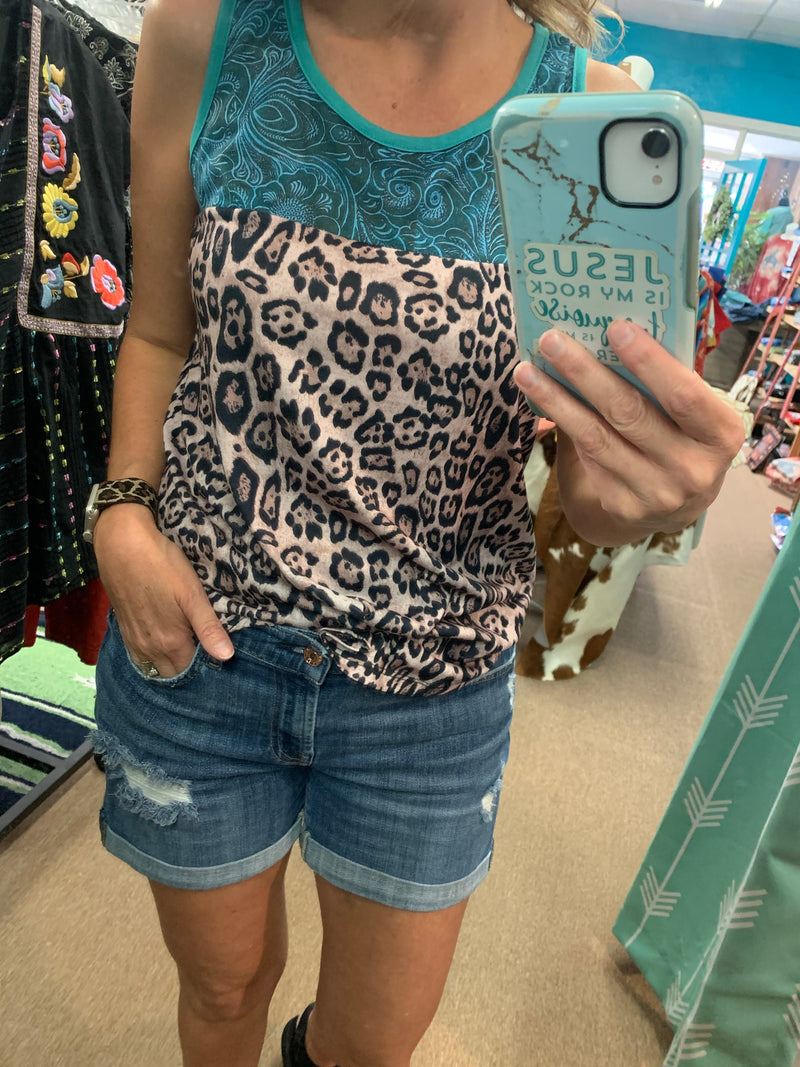 Turquoise tooled leather print leopard tank