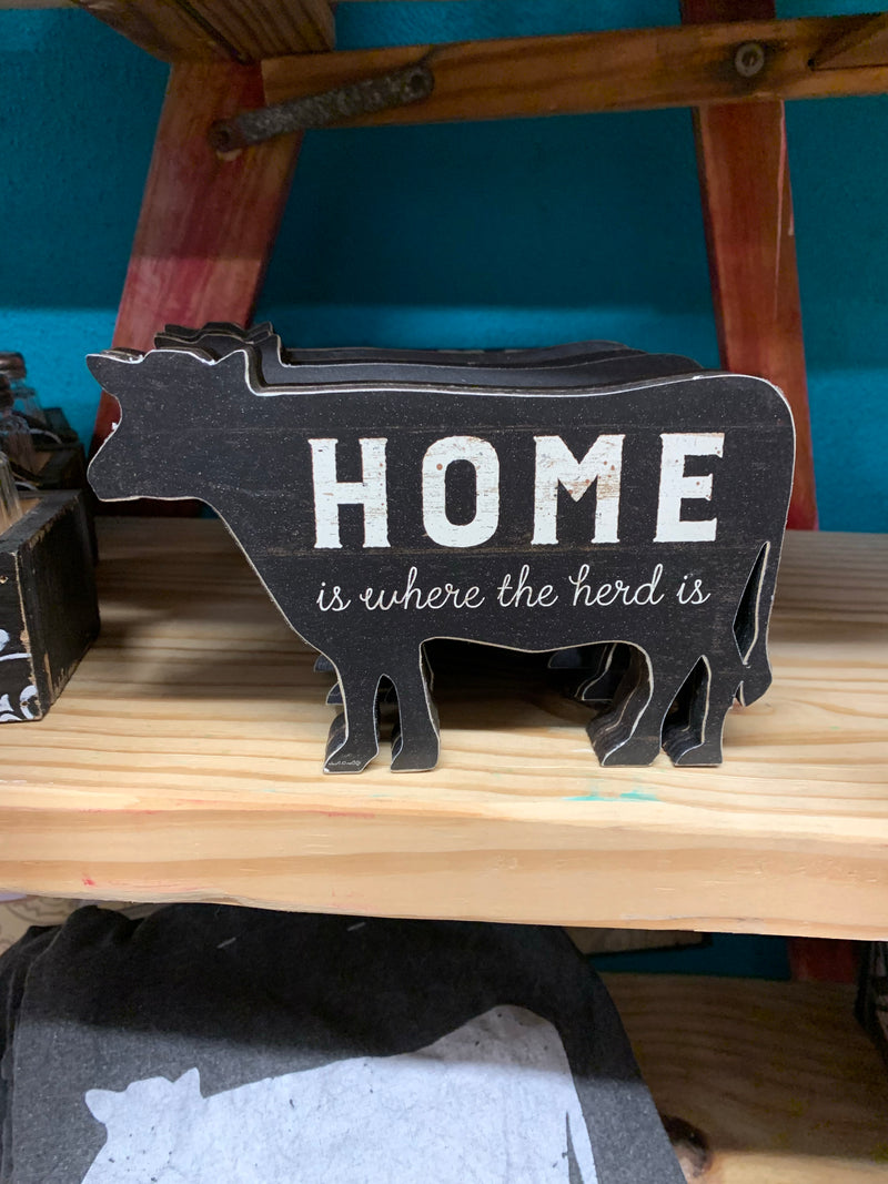 Home Is Where The Herd Is wood cow cutout sign