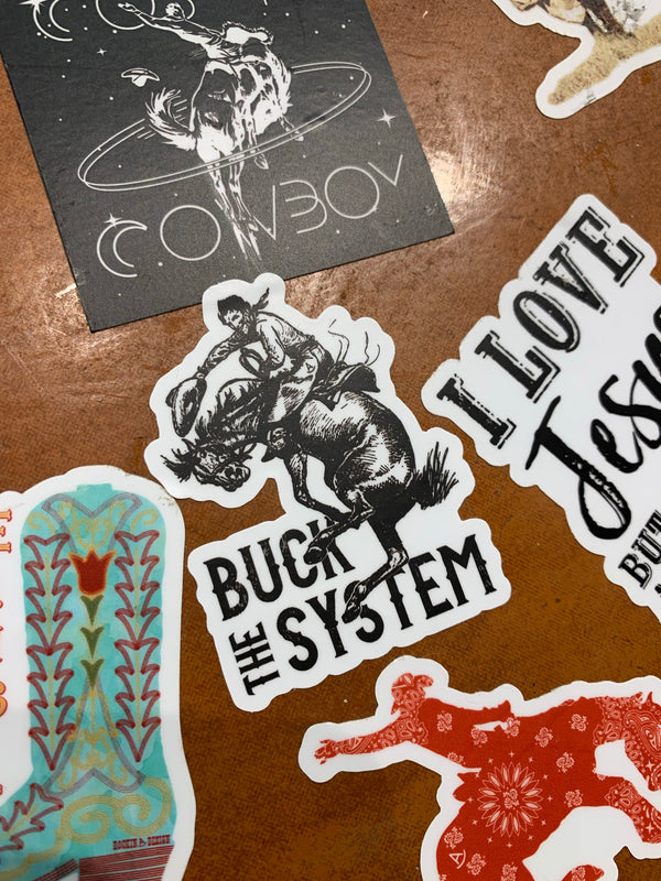 Buck The System bronc rider sticker
