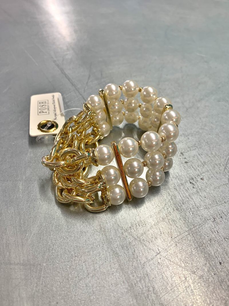 3 strand pearl and gold chain bracelet