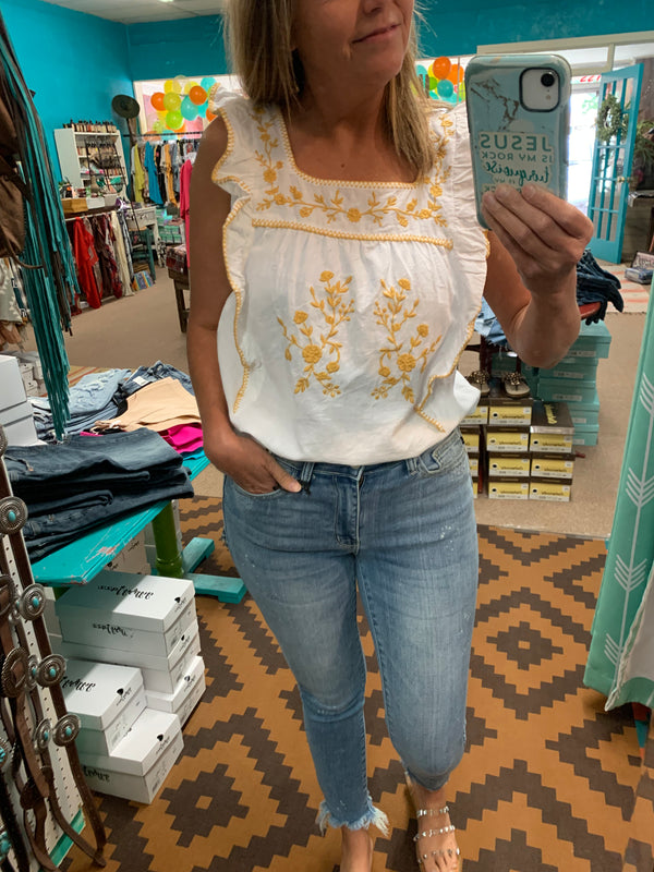 White Ruffle Tank With Mustard Embroidery
