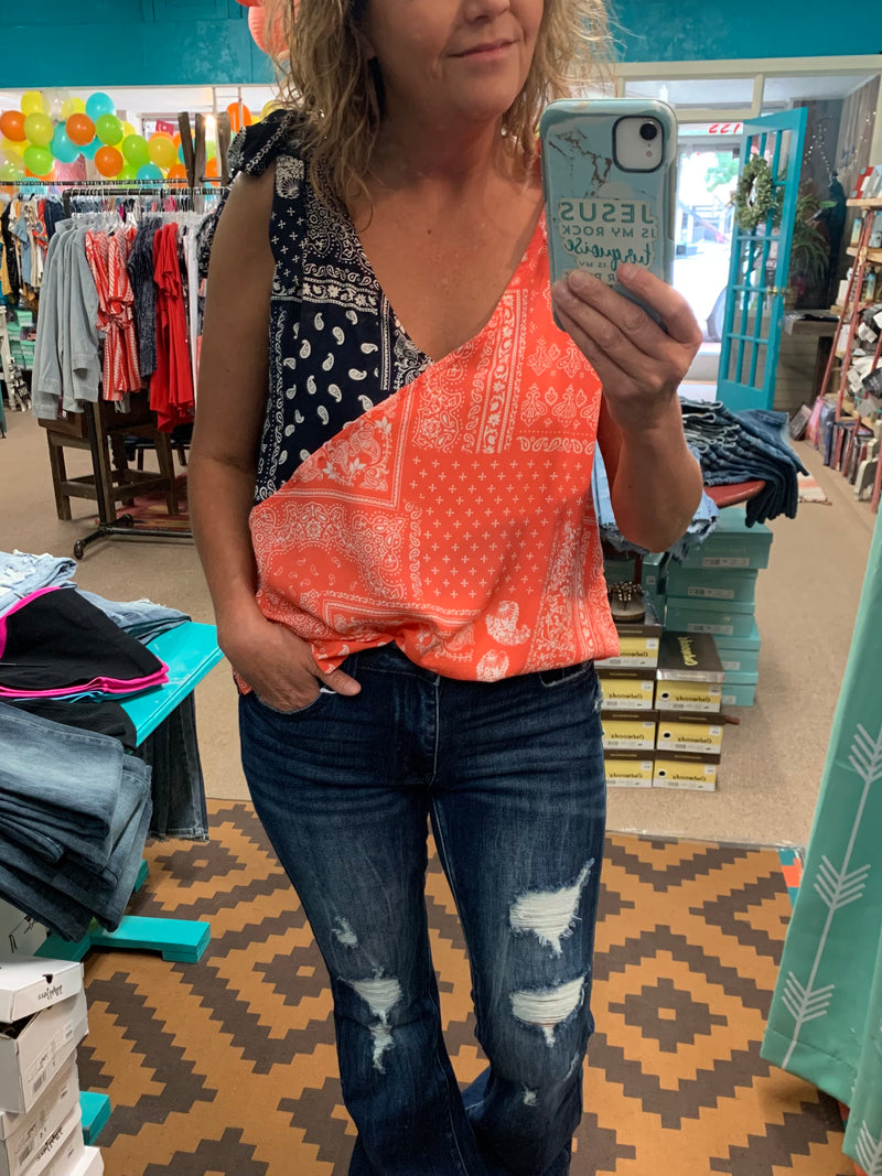 Coral and Navy bandana print color block tank